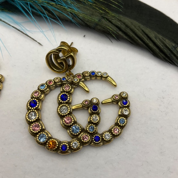 Gold GG Marmont Colorful Crystals Dangle Earrings - Picture 3 of 9